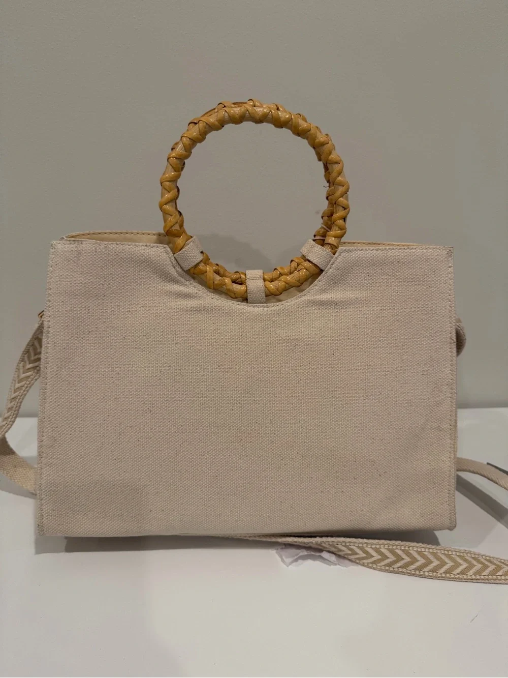 Cream Floral Embroidered Canvas Tote with Woven Handles